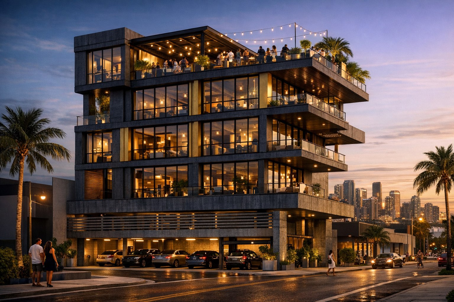 NODE Miami technology, workforce development and entrepreneurship hub — six-story mixed-use building rendering at dusk with lit coworking floors, rooftop event terrace and the Miami skyline